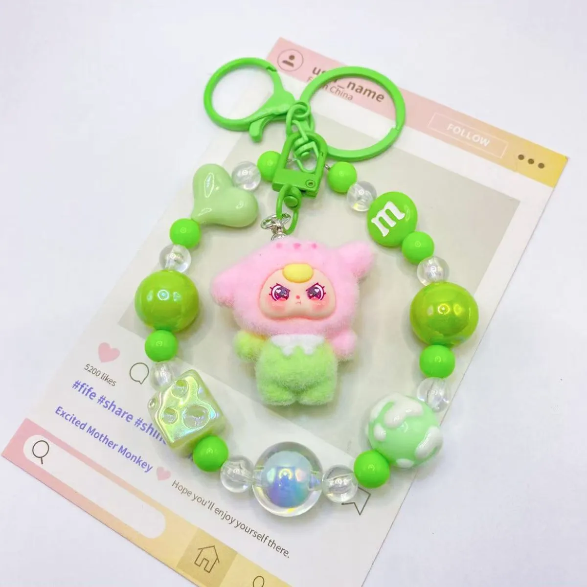 Cute Big-Ear Bunny Beaded Keychain Charm – Trendy Chaowan Pendant, Blind Box Style Bag Accessory with Flocked Mini Figure & Beads